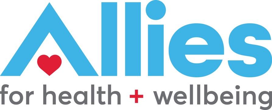 Allies for Health & Wellbeing logo. The word Allies is large and sky blue with the words "for health + wellbeing" bellow in very dark grey. The crossbar in the word Allies is removed and in it's place is a red heard. The "+" is also red. The fonts are based on Futura, a very geometric font with perfectly round shapes for all rounded letters. 