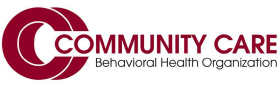 Community Care - Behavioral Health Organization logo. The logo is two round overlapping maroon C's with the words Community Care coming out of the space between the C's, also in maroon. The words Behavioral Health Organization are black underneath. 