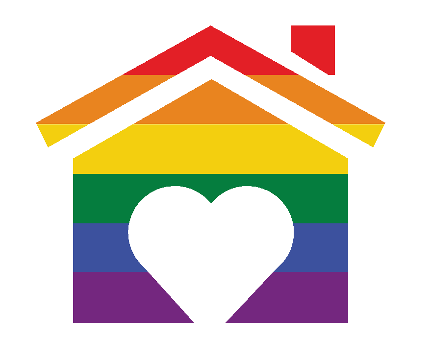 Simplified icon of a house with the pride flag rainbow stripes filling it and a heart cutout for the front door. 