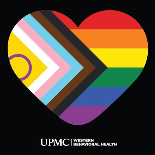 UPMC Western Behavioral Health. This is a black square with a large rounded heart which with the inclusion pride flag filling the heart. The letters UPMC and Western Behavioral Health are below the heart in white. 